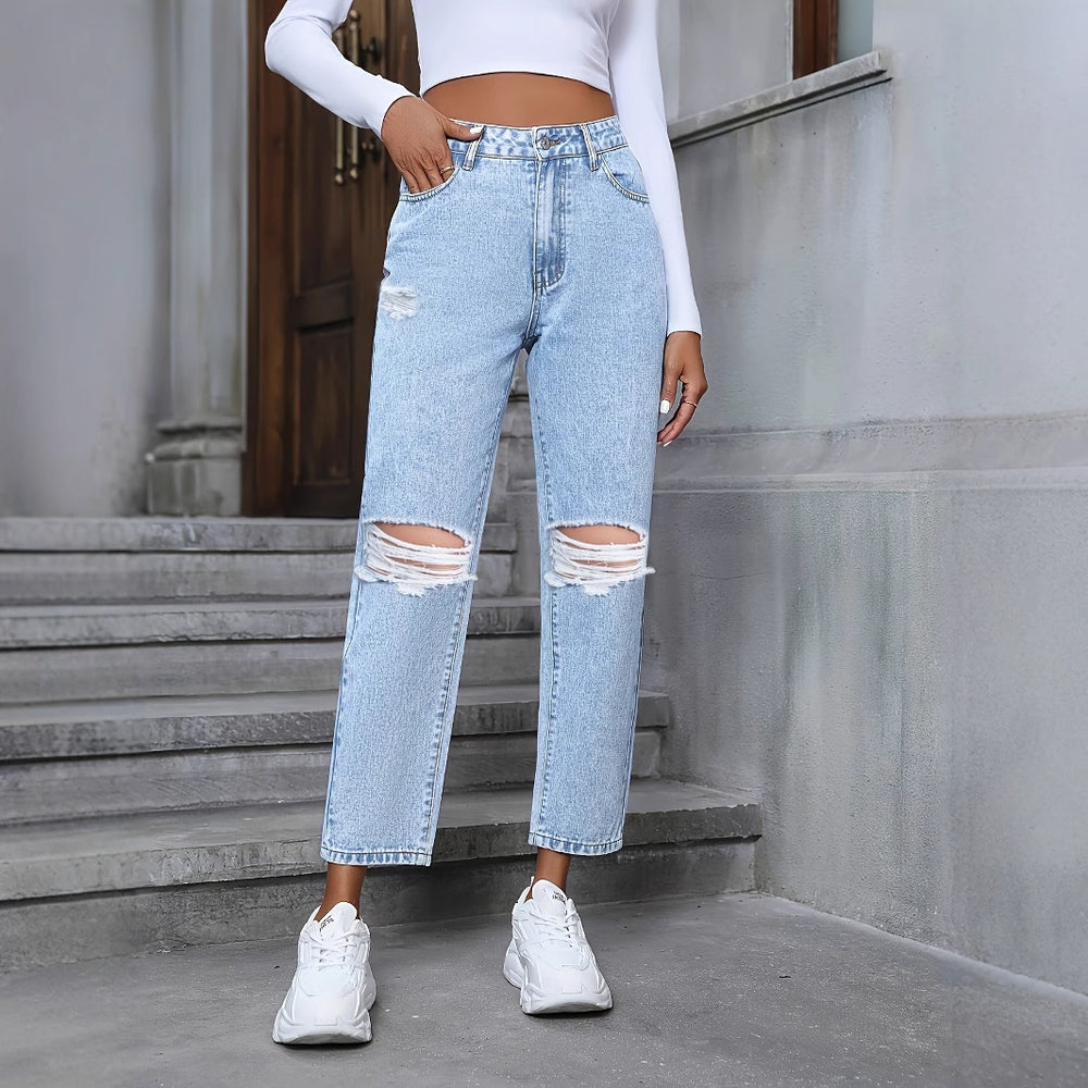 78-65823#  cross-border women's fashion: european and american ins style casual loose straight leg distressed denim jeans