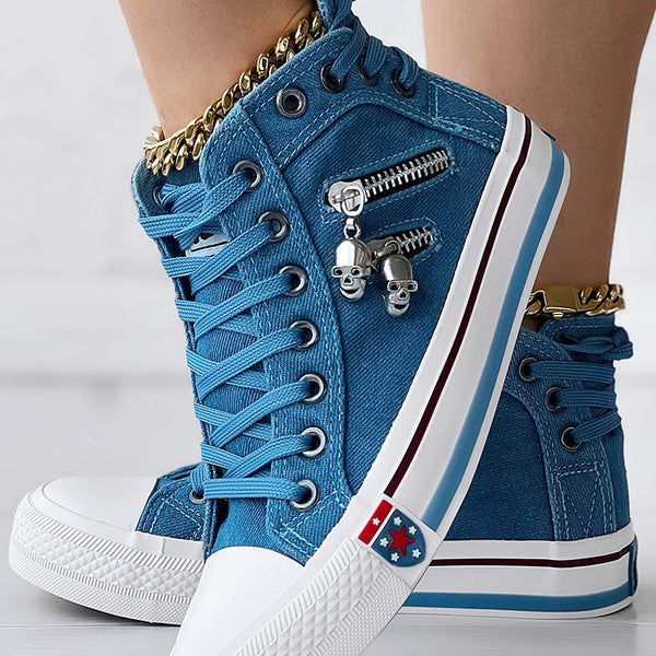 LZT2733 spring and summer new high-top denim shoes, skull lace-up women's shoes, Wenzhou canvas shoes women's Korean version