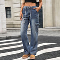Fashion cross-border export  new style straight-leg jeans women's american casualtie back multi-pocket workwearjeans