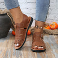 Exportplus sizenew arrival belt buckle flatscut out sandals women's retro style outwearpure color beach sandals and slippers