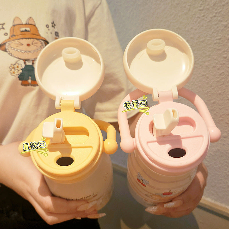 Cartoon kids thermos cup 316 ceramic liner high appearance large capacity double drinking cup portable student straw water cup