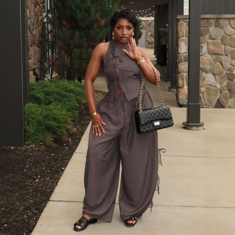 European and american cross-border women's fashion:  summer new collection - stylish bowknot striped sleeveless top and wide-leg pants set