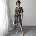 French v neck black floral dress  summer new arrivalretro silm slimming look gentle british style midi skirt
