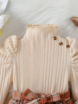 autumn new arrival: mock neck princess sleeve top + plaid skirt two-piece set