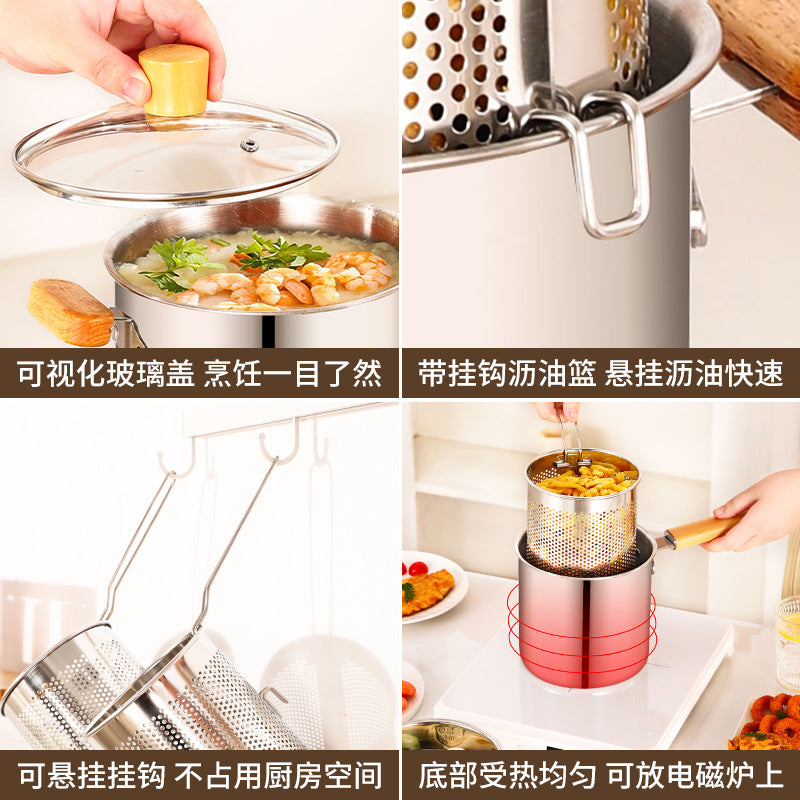 304 stainless steel deep fryer - compact home fryer for small fried foods, skewers, and more - includes filter screen - induction cooker compatible - mini, fuel-efficient fryer