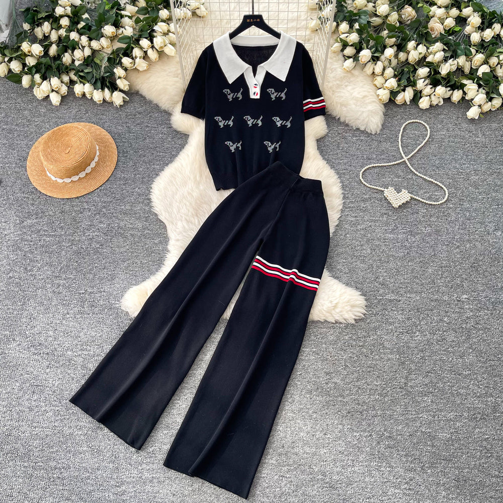 Lazy style knittingcute puppy suit women's summer lapel topshigh waistloose pantstwo-piece set relaxed feeling