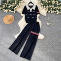 Lazy style knittingcute puppy suit women's summer lapel topshigh waistloose pantstwo-piece set relaxed feeling