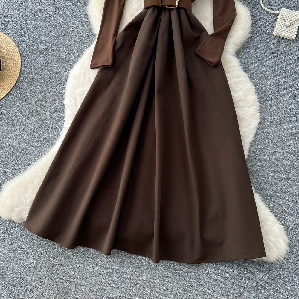 French chic mature woman's high-end v-neck long sleeve patchwork tie-waist dress - elegant inner layer maxi dress
