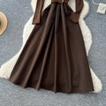 French chic mature woman's high-end v-neck long sleeve patchwork tie-waist dress - elegant inner layer maxi dress