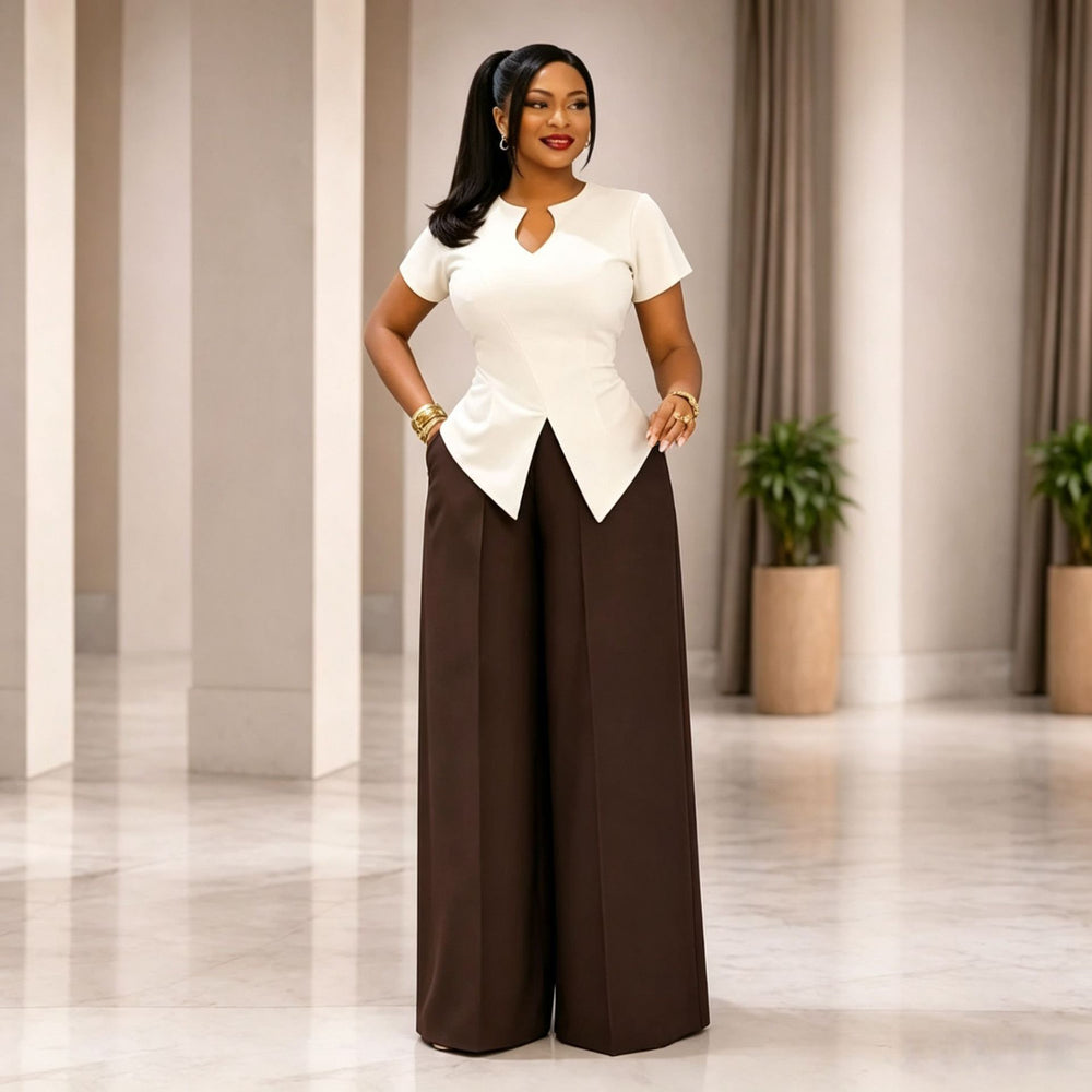 European and american cross-border women's fashion  summer new arrival: elegant commute slim-fit short sleeve top and wide-leg trousers casual set