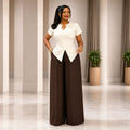 European and american cross-border women's fashion  summer new arrival: elegant commute slim-fit short sleeve top and wide-leg trousers casual set