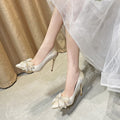 Fairy-style stiletto heels for women, new 2025 design featuring a bow, rhinestone embellishments, pointed toe, and a low-cut silhouette