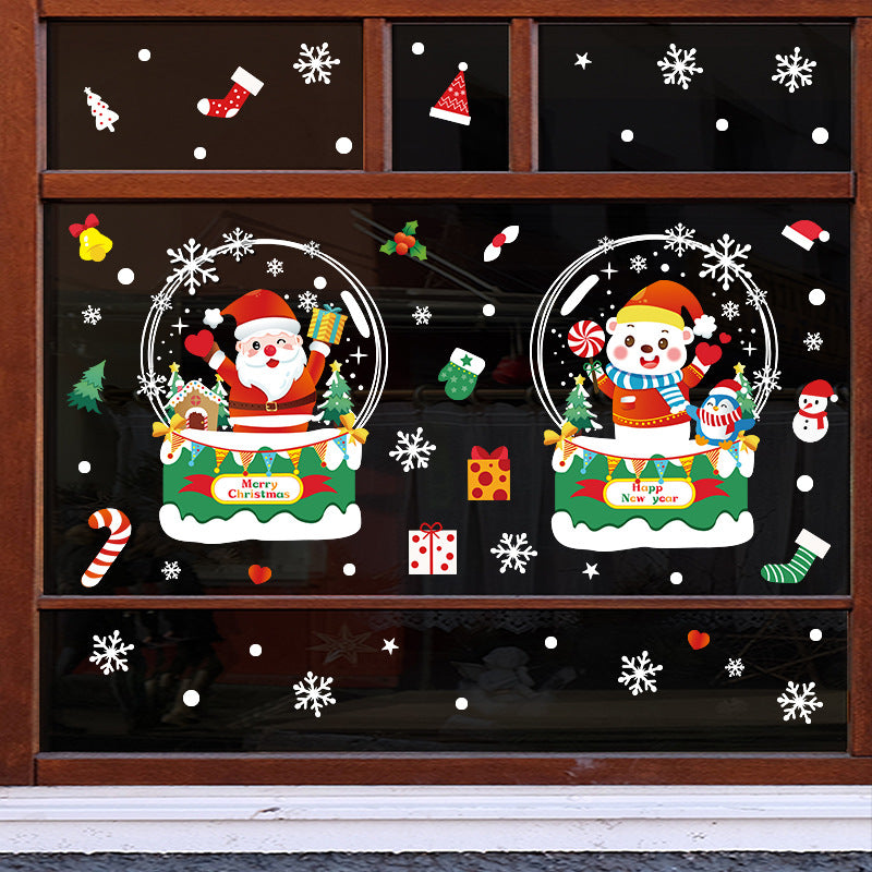 Christmas decorative glass door sticker shop window scene arrangement Santa Claus glass ball snowflake glue-free static sticker