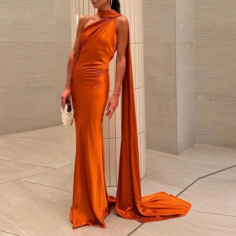 women's summer new arrivals: cross-border european & american fashion, elegant banquet gowns, solid color off-the-shoulder dresses