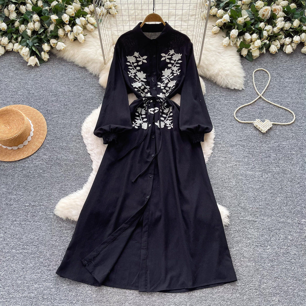 Retroartsyembroider silm type dress women's summerlong sleeves lapel waist a-line skirt slimming lookelegant long skirt