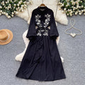 Retroartsyembroider silm type dress women's summerlong sleeves lapel waist a-line skirt slimming lookelegant long skirt