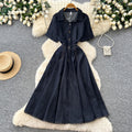 Retro denim style lapel short sleeve a-line dress women's early spring k-style waist slimming lookelegantwork clothing skirt