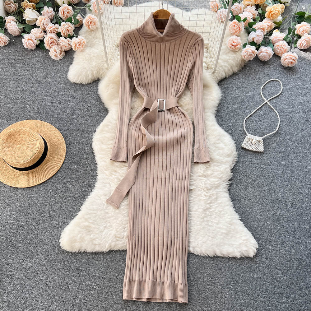 European and american style mock neck knit dress - autumn women's french retro slim fit bodycon maxi dress