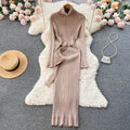 European and american style mock neck knit dress - autumn women's french retro slim fit bodycon maxi dress