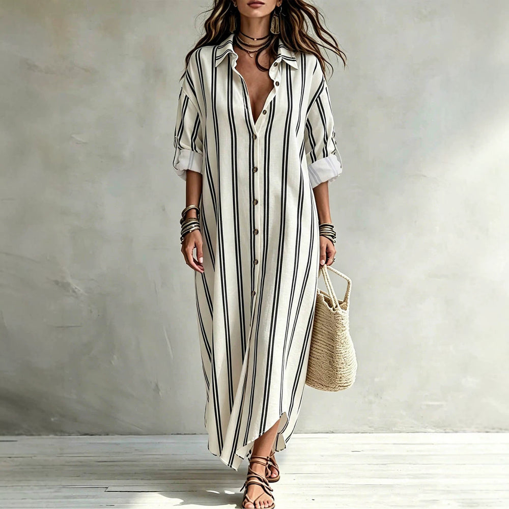Exportplus sizelazy style shirt skirtcontrast colorvertical stripesrollablelong sleevesloose flesh-coveringlongbeach sun protection