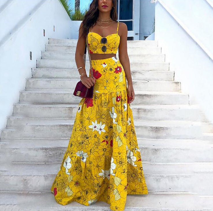 2025 spring/summer new european and american amazon aliexpress printed bandeau two-piece set with camisole and midi skirt