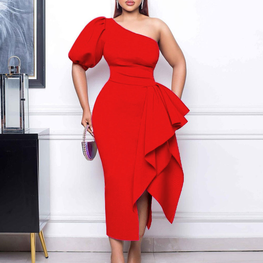 D327export women's clothing  new independent station oblique collar slit ruffles dress sexy european and american dress