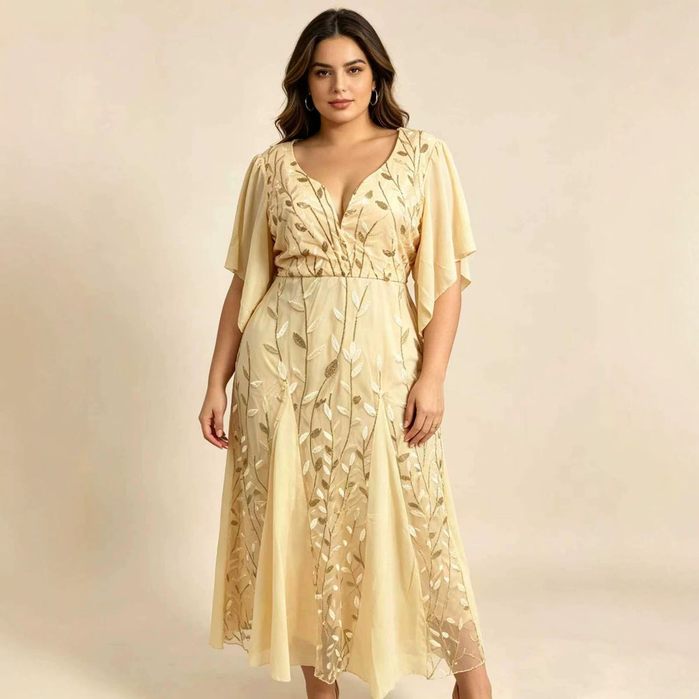 European and american plus-size women's clothing:  summer new arrival - short sleeve v-neck, cinched waist, ruched mesh panel long dress