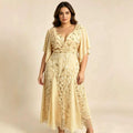 European and american plus-size women's clothing:  summer new arrival - short sleeve v-neck, cinched waist, ruched mesh panel long dress