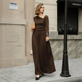European and american high-end commute style deep brown one-shoulder neckline asymmetrical pleated waist design drapey long dress for women