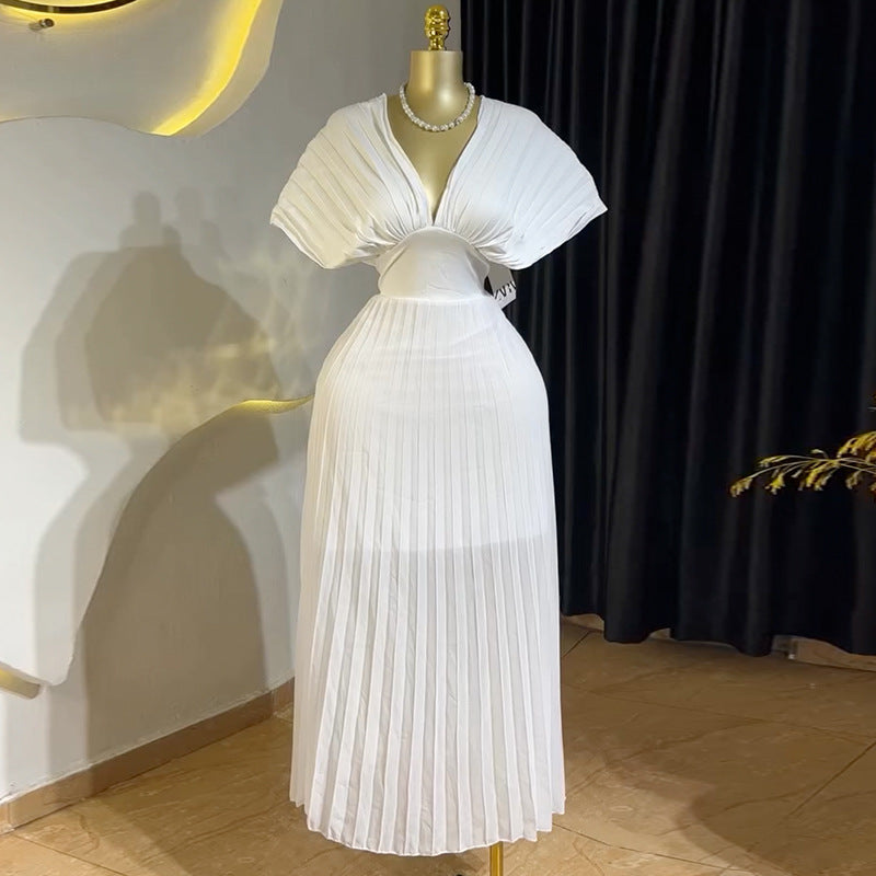 European and american women's clothing  summer new arrival: elegant pleated v-neck batwing sleeve high-waisted a-line maxi dress