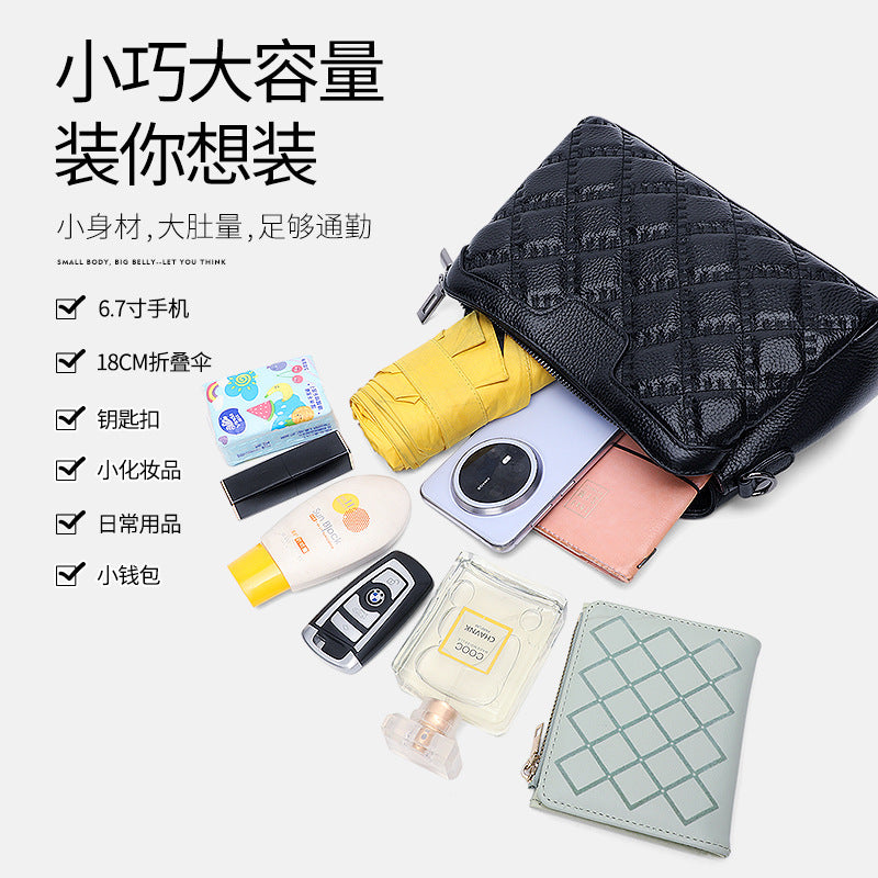 Rhombus first-layer cowhide shoulder women's bag large-capacity messenger bag 2025 new trendy women's fashion simple small square bag