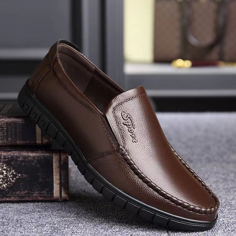 [real soft leather] men's 2024 new arrival easiest for match men's shoes casual middle-aged and elderly leather shoes plaid dad's bean shoes