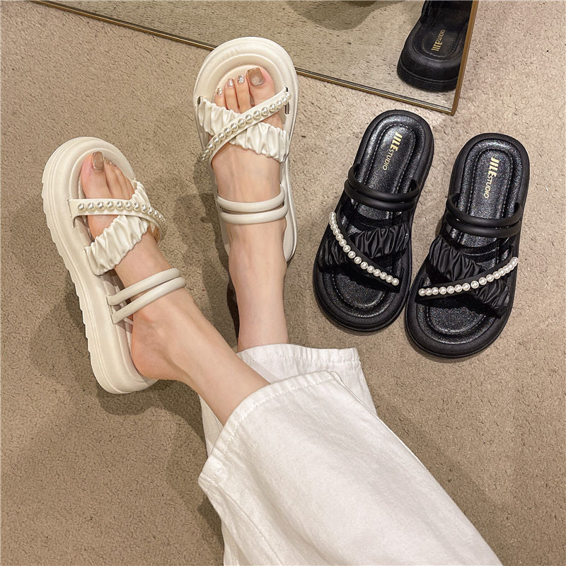 Platform chunky heel pearl slippers - two-way design, sweet & chic sandals for women, 2026 summer new arrivals, gentle pearl sandals
