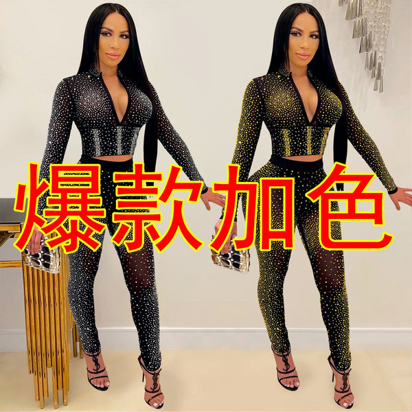 X5206   Fashion European and American New Products Nightclub Hot Diamond V-Neck Long Sleeve Pants Women's Two-piece Set