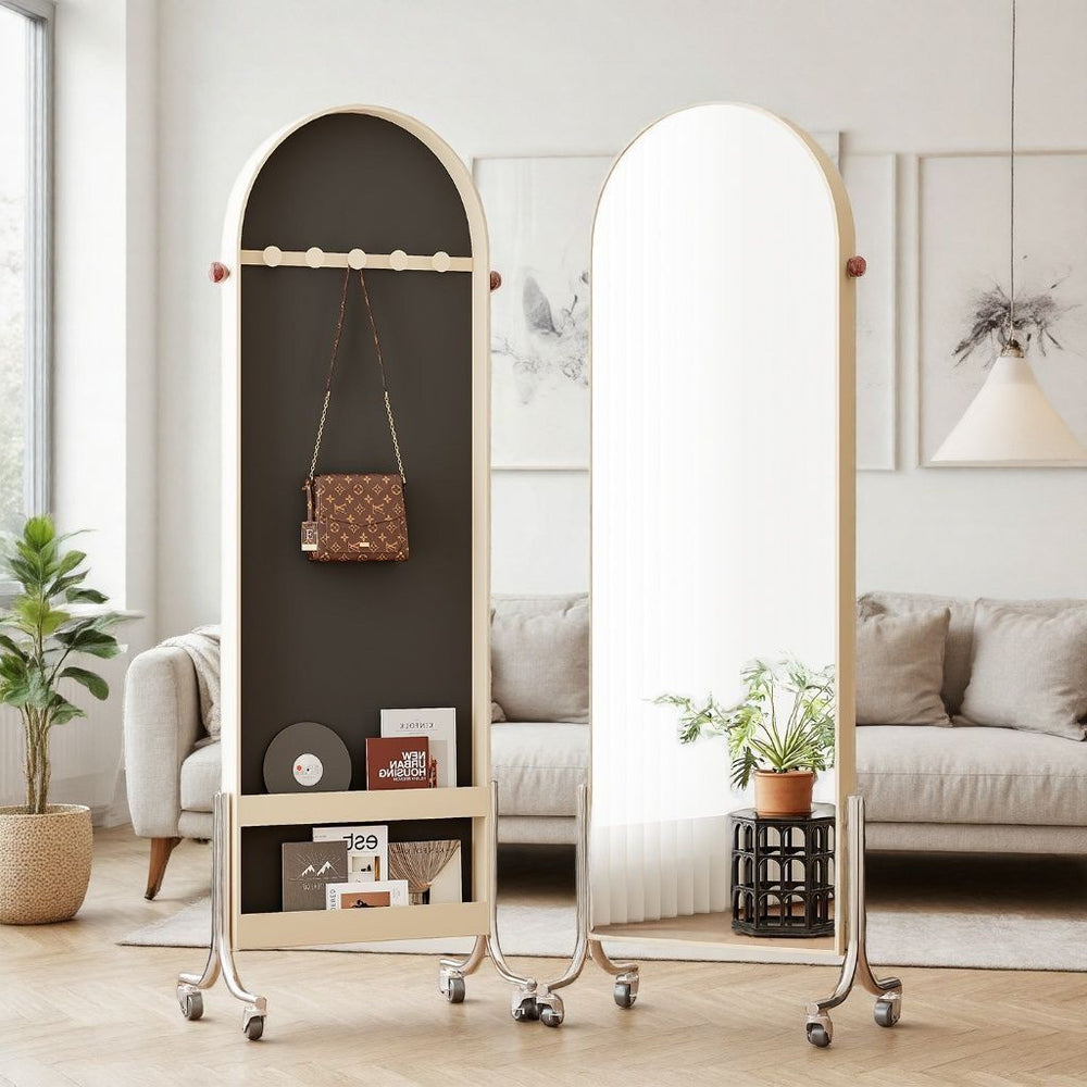 Full-length mirror, movable mirror, medieval style storage magazine rack, floor mirror, home storage bookshelf, rotating full-length mirror