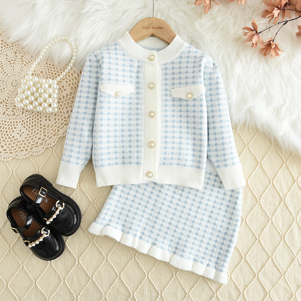 spring/autumn new girls' sweater dress set - korean style chic knitted cardigan and skirt two-piece outfit for babies - trendy