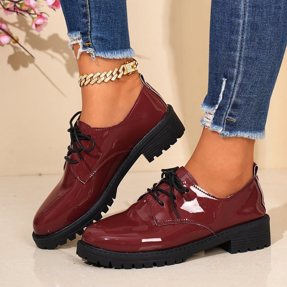 plus sizethick sole small leather shoes for women  spring & fall new arrivalpreppy british style patent leather tie backflats