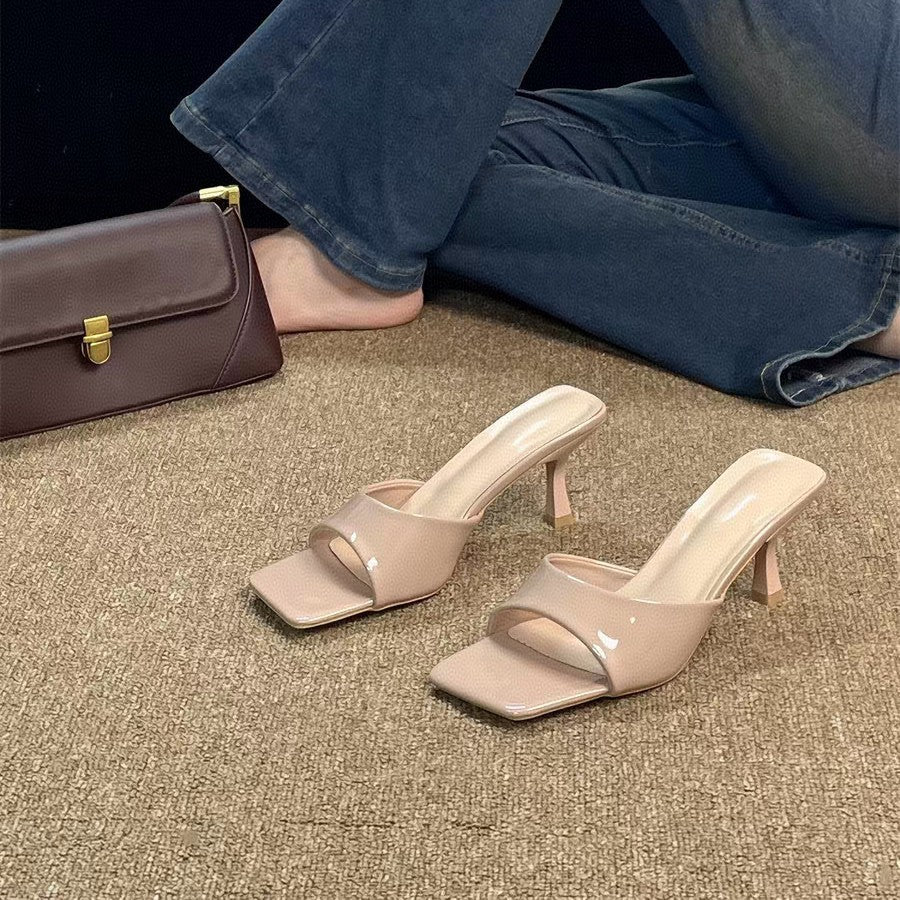 Thin heel pure color sandals summerretro square toe high heels women's new arrivalniche stylesense of design slippers outwear not tired feet