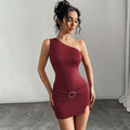 cross-border women's fashion: niche american socialite style dress - spring/summer asymmetrical neck bodycon mini dress