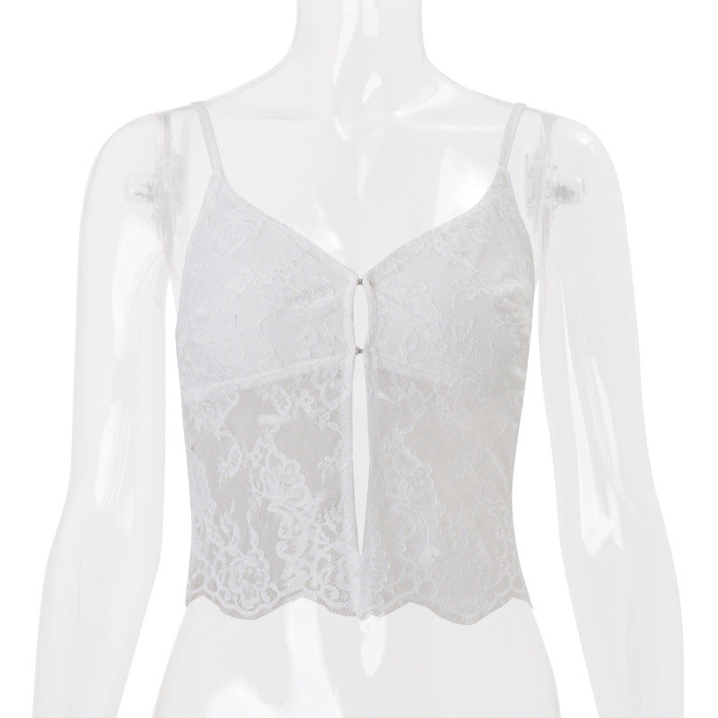 women's clothing  summer new slim-fit cardigan v-neck lace patchwork see-through camisole top