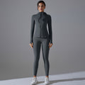 New outdoor running two-piece set: solid color quick-dry yoga outfit with hooded zip-up jacket and long-sleeve fitness set
