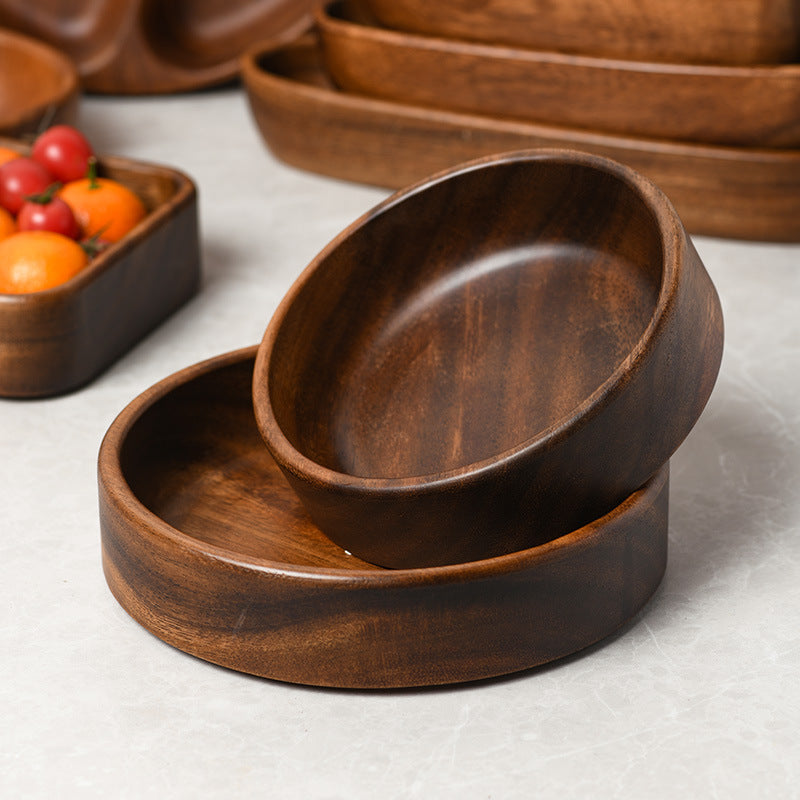Walnut wood fruit platter solid wood round salad bowl dish dinner plate household kids fruit plate wholesale wooden tray