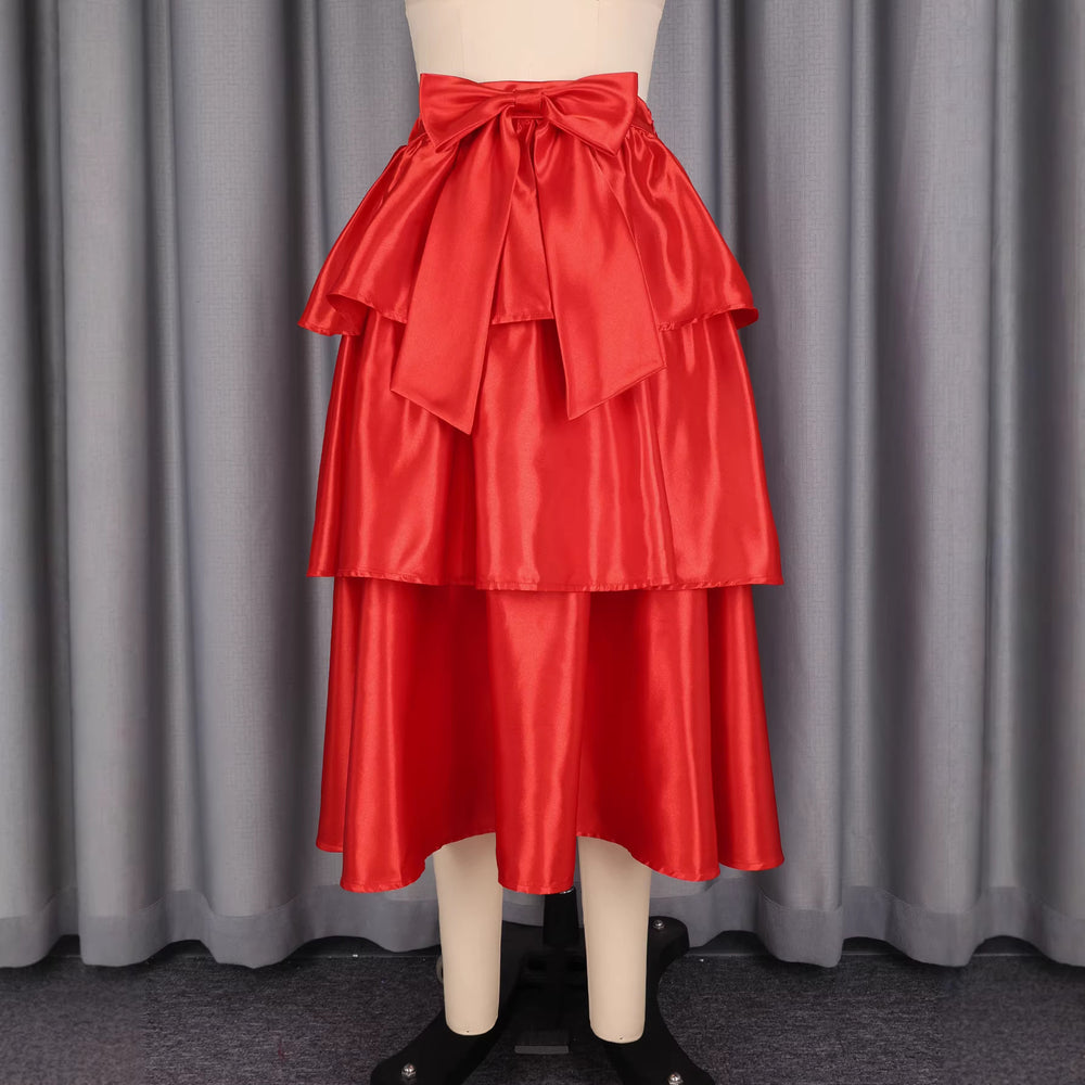 new satin cinched waist slimming cake skirt - high waist versatile bow party everyday midi skirt