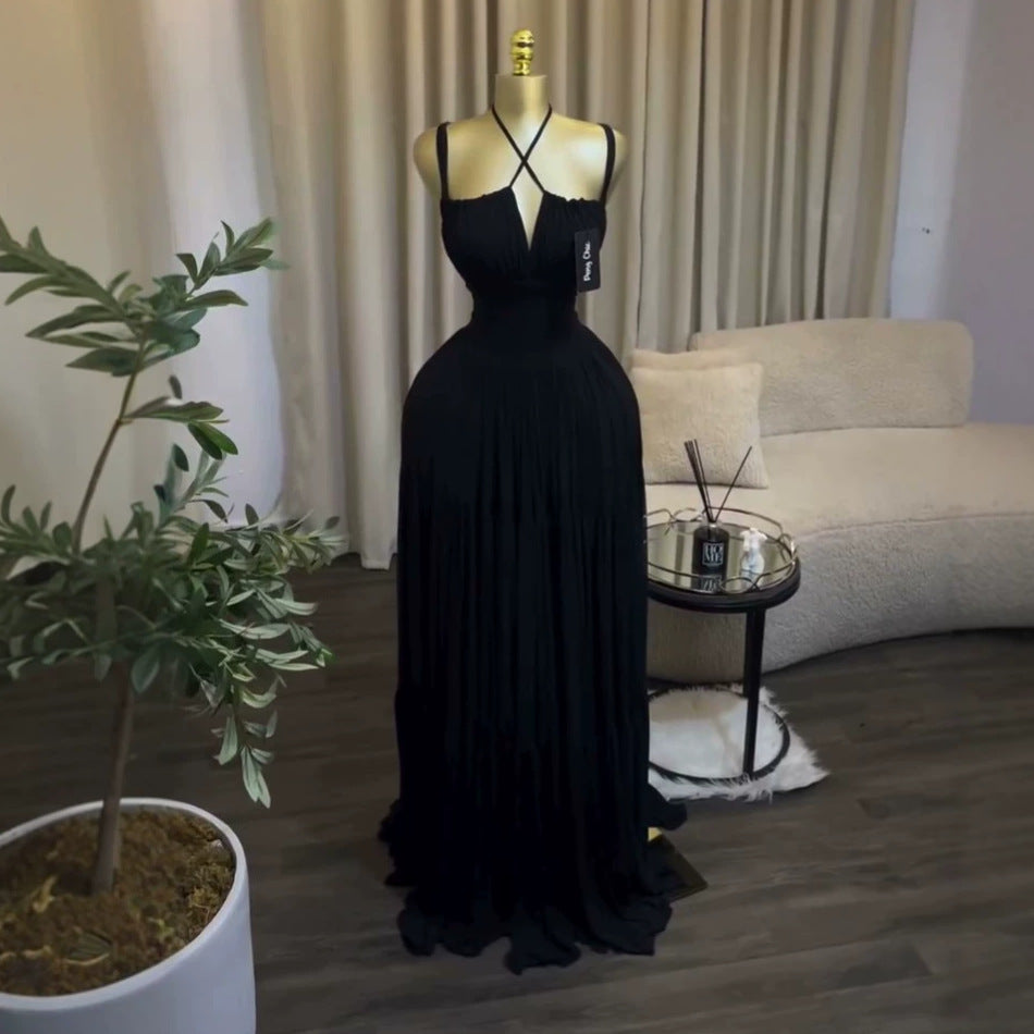 European and american cross-border women's clothing:  summer new arrival - elegant and chic ruched high-waisted long dress with spaghetti straps
