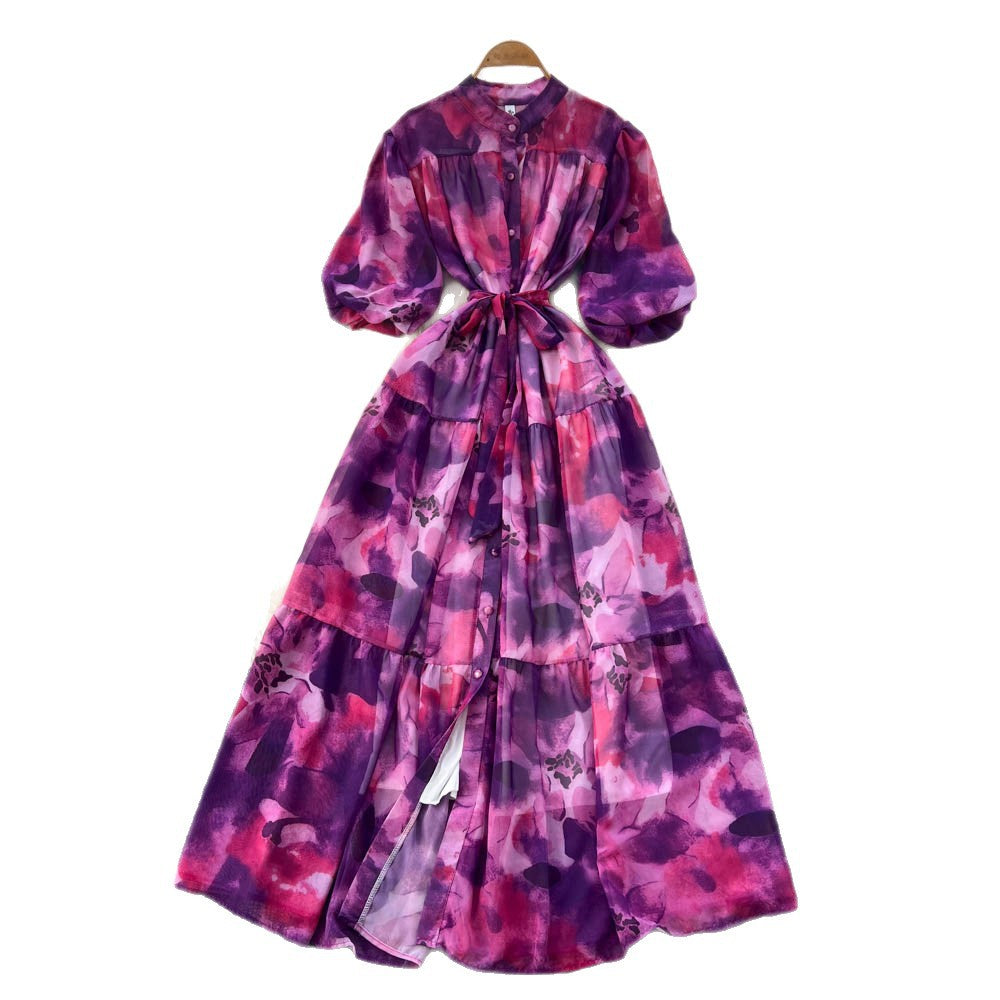 French retro court style niche fashion printed dress - women's tie-waist single-breasted lantern sleeve maxi dress