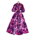 French retro court style niche fashion printed dress - women's tie-waist single-breasted lantern sleeve maxi dress