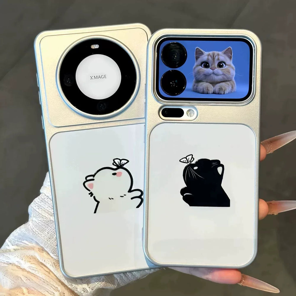 Suitable for apple 17promax mobile phone case simple bow black and white couple cat iphone18 anti-fall soft case