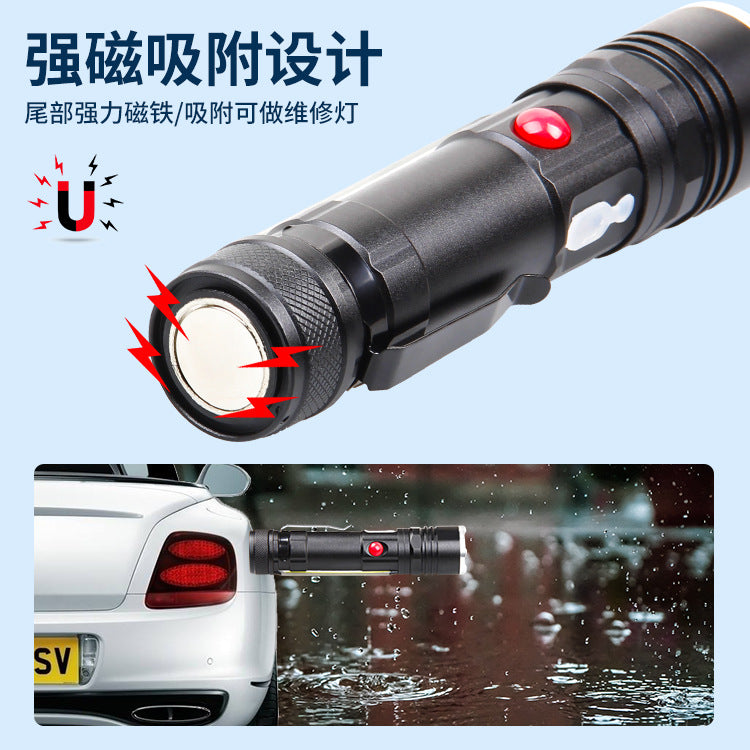 Cross-border new main light T6 + side light COB lamp bead USB charging magnetic suction multi-function waterproof LED strong light flashlight