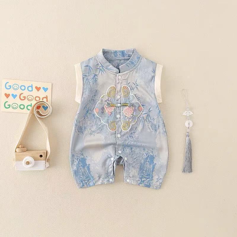 Summer 100-day first birthday sleeveless clothes, baby thin chinese style baby one-piece dress, climbing suit