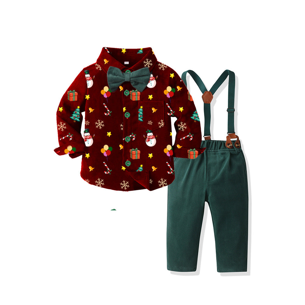 New arrival: boys' printed long-sleeve shirt & overalls set - gentleman's outfit, perfect for christmas!